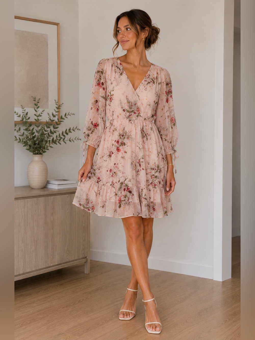 Bobeau Pink Ruffled Tiered Sundress with V-Neck